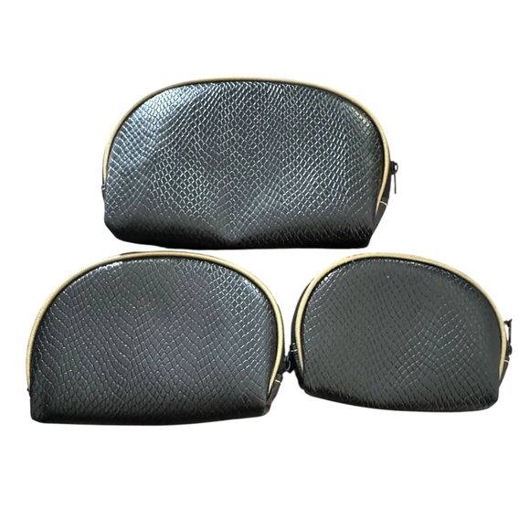 Set Of 3 Black Faux Leather Snake Print Nesting Cosmetic & Travel Bags - Picture 6 of 12